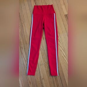 Stylish Red Leggings with Blue Stripes